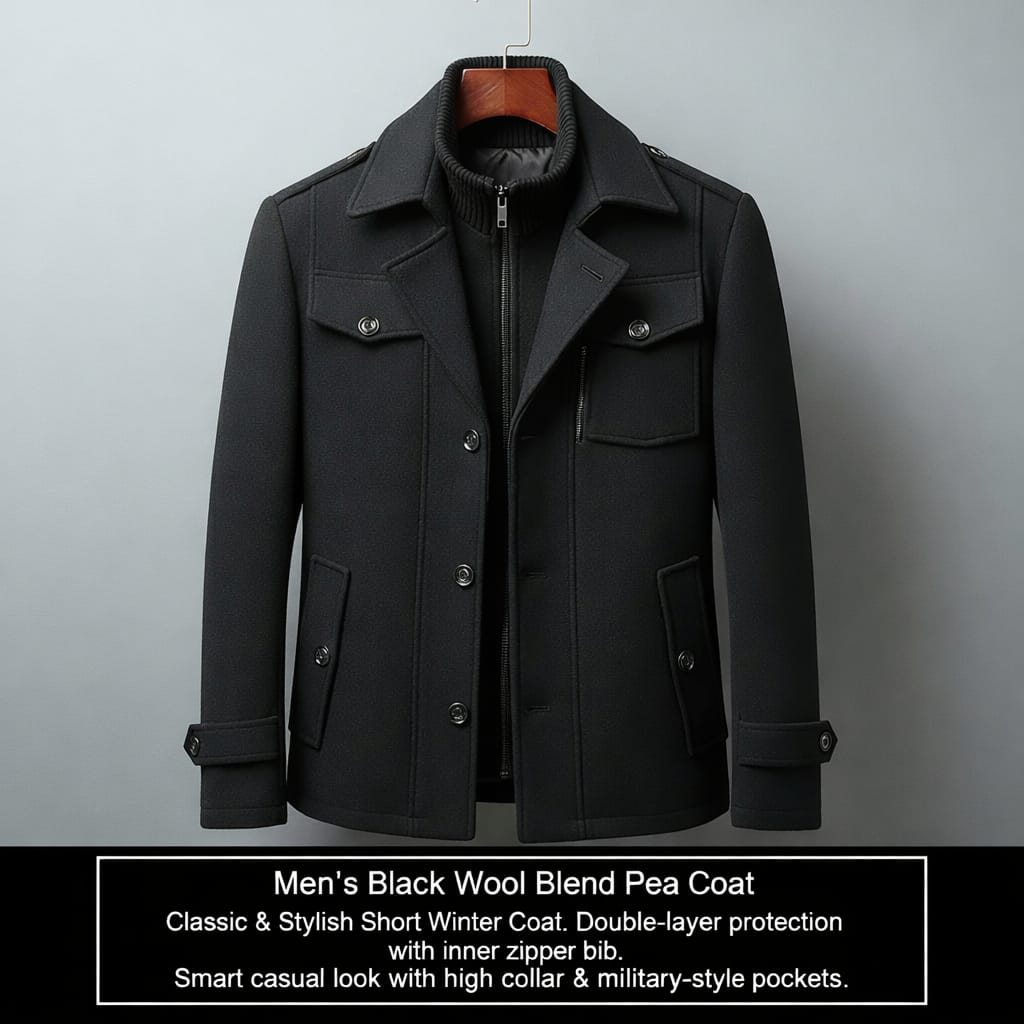 MEN'S BLACK WOOL BLEND PEA COAT